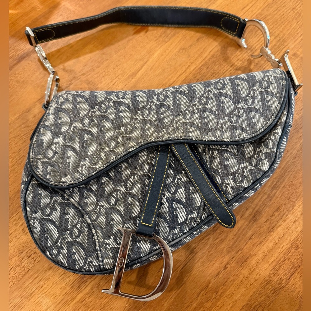 Christian Dior vintage blue Saddle Bag with silver hardware
